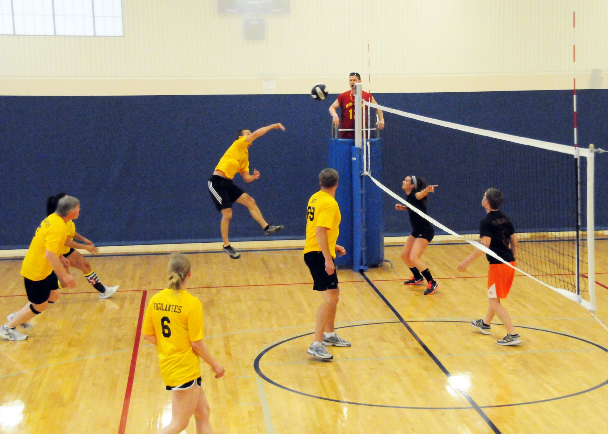 Tech. Sgt. Mark Bruggeman spikes a ball to the opposing team in the final Montana Air National Guard Vigilantes volleyball game played during season playoffs held at the Malmstrom Fitness Center on May 14, 2013. (U.S. Air Force photo/Senior Master Sgt. Eric Peterson)
