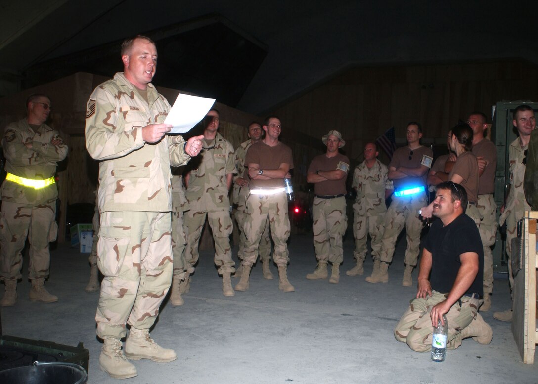 Then Master Sgt. Bob Reiman conducts a meeting with members of the Montana Air National Guard’s 120th Fighter Wing during a deployment to Iraq on July 13, 2004. Reiman served as the first sergeant during the deployment. (U.S. Air Force photo/Senior Master Sgt. Eric Peterson)