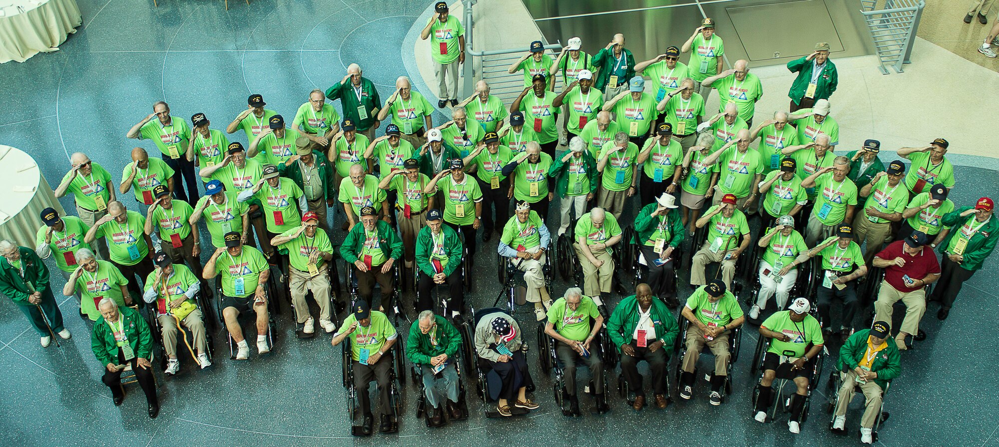 Veterans from the Honor Flight Historic Triangle Virginia program pose for a picture in Washington, D.C., June 8, 2013. Veterans and their guardians took the trip to Washington, D.C., to visit the memorials that were built in their honor. (Courtesy photo by U.S. Air Force Master Sgt. Kevin Ferrara)