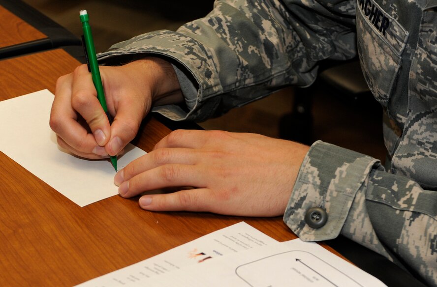 Senior Airman Matthew Meagher, 28th Comptroller Squadron customer service technician, participates in an exercise during an annual Sexual Assault Prevention and Response training class in the Rushmore Center on Ellsworth Air Force Base, S.D., June 5, 2013. For more information on upcoming sexual assault prevention and response training, call the SAPR Office at (605) 385-5233. (U.S. Air Force photo by Airman 1st Class Ashley J. Thum/Released) 