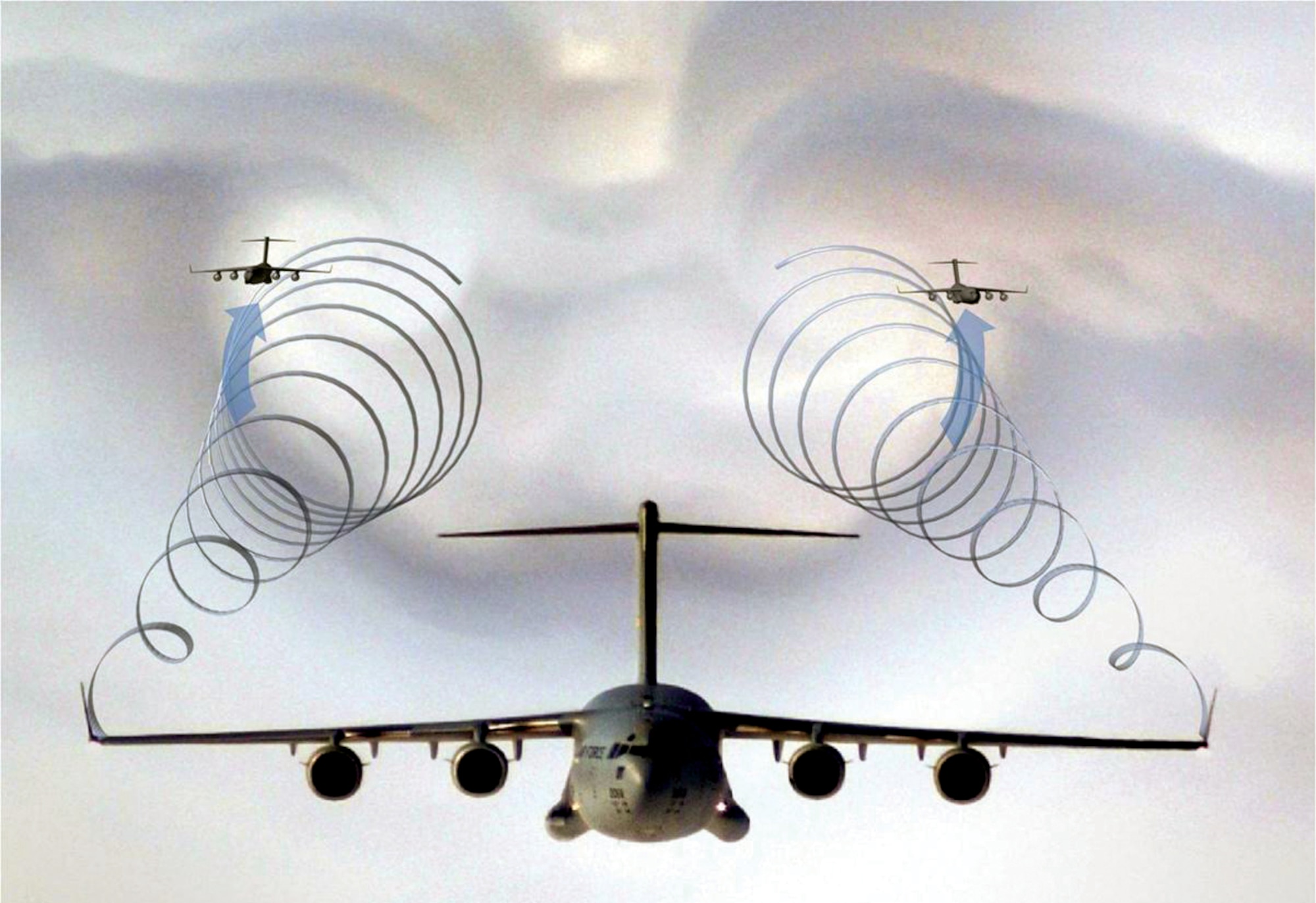 Surfing Aircraft Vortices for Energy ($AVE) concept, tests for which showed a fuel savings of up to 10 percent in the trailing aircraft. (AFRL/DARPA Image)