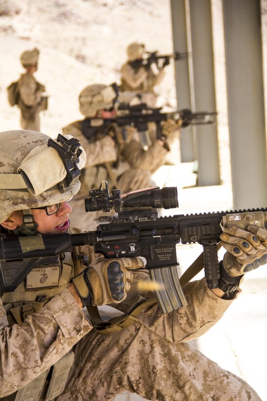 U.S. Marines assigned to Lima Company, Battalion Landing Team (BLT) 3/2, 26th Marine Expeditionary Unit (MEU), conduct live fire drills with M27 Infantry Automatic Rifles, during Exercise Eager Lion 13, June 10, 2013. Exercise Eager Lion 2013 is an annual, multinational exercise designed to strengthen military-to-military relationships and enhance security and stability in the region by responding to realistic, modern-day security scenarios. The 26th MEU is a Marine Air-Ground Task Force forward-deployed to the U.S. 5th Fleet area of responsibility aboard the Kearsarge Amphibious Ready Group serving as a sea-based, expeditionary crisis response force capable of conducting amphibious operations across the full range of military operations. (U.S. Marine Corps photograph by Lance Cpl. Juanenrique Owings, 26th MEU Combat Camera/Released)