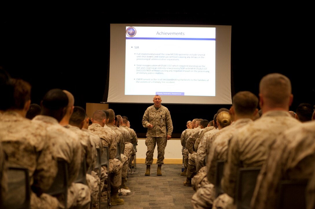 Lt. Gen. Steven A. Hummer, commander of Marine Forces Reserve and Marine Forces North, addresses his noncommissioned officers about the integral role the Reserves play in the structure of the Marine Corps, at the Marine Corps Support Facility New Orleans, June 11. Hummer is preparing to transition to deputy commander of military operations for U.S. Africa Command. The Reserve component consists of roughly 40,000 Reserve Marines and 184 Reserve Training Centers located throughout the United States. (U.S. Marine Corps photo by Cpl. Adwin Esters/Released)