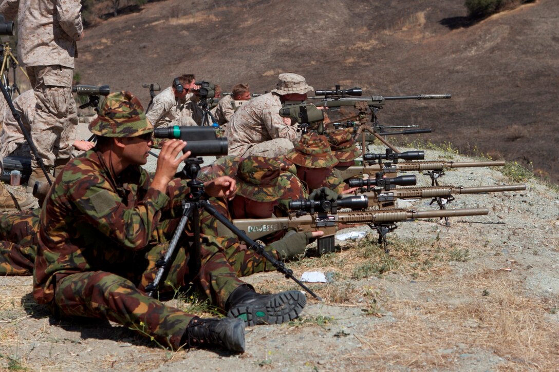 New Zealand and Canadian Army snipers shoot side-by-side with scout snipers serving with 1st Reconnaissance Battalion and 1st Battalion, 1st Marine Regiment, at Range 108 during Exercise Dawn Blitz 2013 here, June 12. Throughout the day of shooting, the snipers shared different tips and techniques taught by their different units and schools. During the live-fire exercise, the snipers engaged known distance, unknown distance and one-shot-one-kill targets up to 1,200 meters away. Dawn Blitz 2013 is a scenario-driven exercise designed to test Navy and Marine Corps forces at the Marine Expeditionary Brigade (MEB) and Expeditionary Strike Group (ESG) level, while promoting military-to-military cooperation and interoperability with partnered nations.