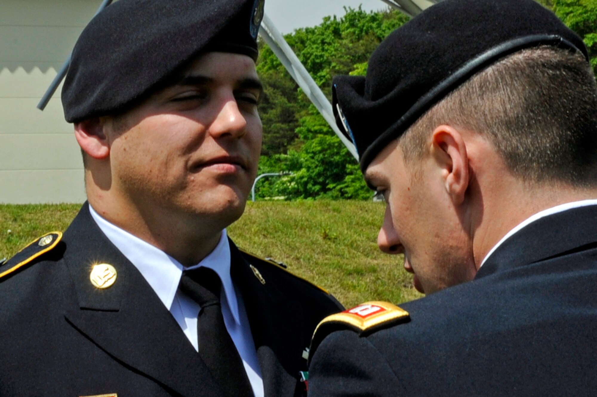 U.S. Army Capt. Kyle Vonderheide, Joint Tactical Ground Systems commander, inspects the uniform of Sgt. Keith Prater, JTAGS member, during an Army Service Uniform inspection at Misawa Air Base, Japan, June 13, 2013. In the spring of 1775, in the midst of the Revolutionary War, today’s army was born and tasked to confront British troops near Boston, Massachusetts. (U.S. Air Force photo by Airman 1st Class Kenna Jackson) 