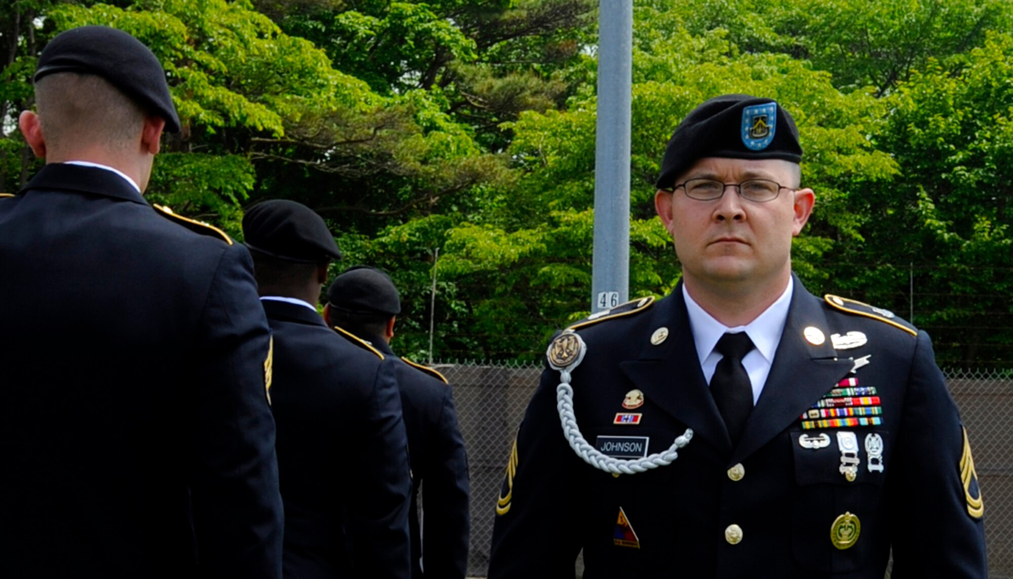 U.S. Army Sgt. 1st Class Jeffrey Johnson, Joint Tactical Ground Systems first sergeant, looks over his troops’ uniforms during an Army Service Uniform inspection at Misawa Air Base, Japan, June 13, 2013. To celebrate the U.S. Army’s 238th birthday, all 25 soldiers with the JTAGS detachment on base participated in the uniform inspection; showing their pride and dedication to being a part of the oldest service in the Department of Defense. (U.S. Air Force photo by Airman 1st Class Kenna Jackson)