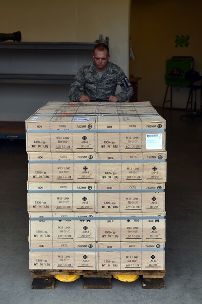 Staff Sgt. Tyson Meendering, 62nd Maintenance Squadron munitions storage crew chief, uses a pallet jack to transport a pallet of small arms munitions to a temporary storage area, June 10, 2013, at Joint Base Lewis-McChord, Wash. The 62nd MXS munitions flight operates the largest munitions storage area in Air Mobility Command. (U.S. Air Force photo/Airman 1st Class Jacob Jimenez)