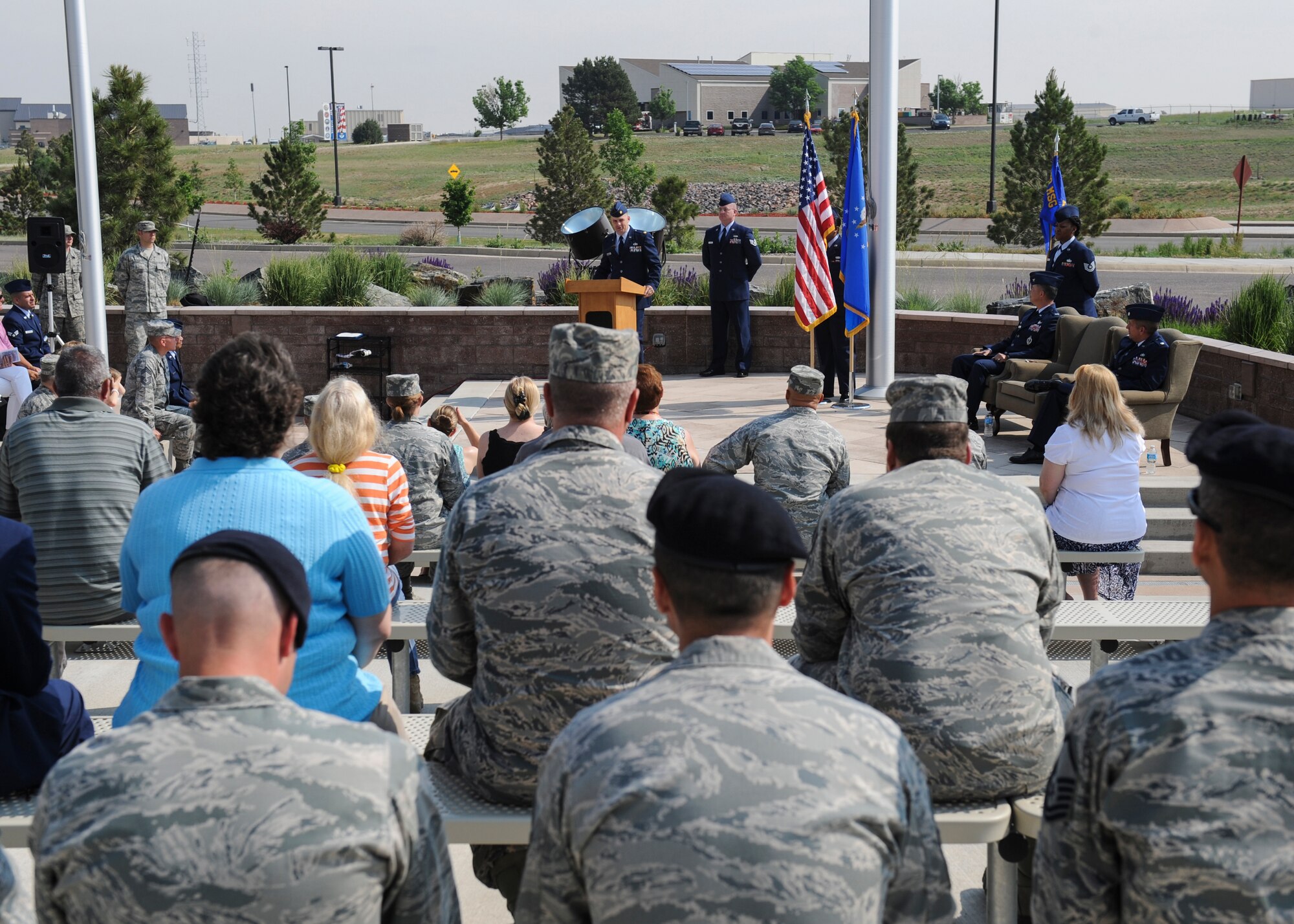 Maj. Nicholas Musgrove, 460th Logistics Readiness Squadron commander, talks to attendees of the 460th LRS change-of-command ceremony June 13, 2013, on Buckley Air Force Base, Colo. Musgrove assumed command from Lt. Col. John Gustafson. (U.S. Air Force photo by Staff Sgt. Christopher Gross/Released)