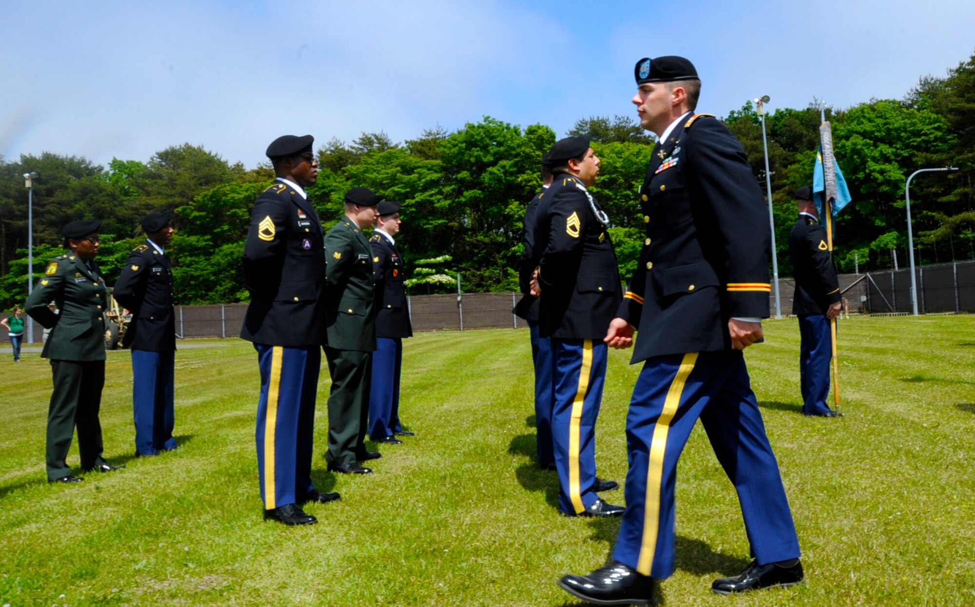 U.S. Army Capt. Kyle Vonderheide, Joint Tactical Ground Systems detachment commander, marches to the rear of the formation after completing an Army Service Uniform inspection at Misawa Air Base, Japan, June 13, 2013. In 2008, JTAGS formed a detachment at Misawa Air Base to employ early missile detection capabilities. (U.S. Air Force photo by Airman 1st Class Kenna Jackson)