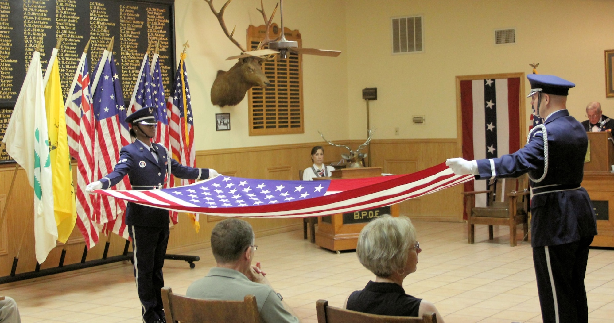 Laughlin’s honor guard conducts a flag ceremony for Flag Day at the Benevolent and Protective Order of Elks lodge in Del Rio, TX. June 14, 2011. Each year the BPOE hosts a Flag Day and decommissioning ceremony for old flags. (contributed photo).