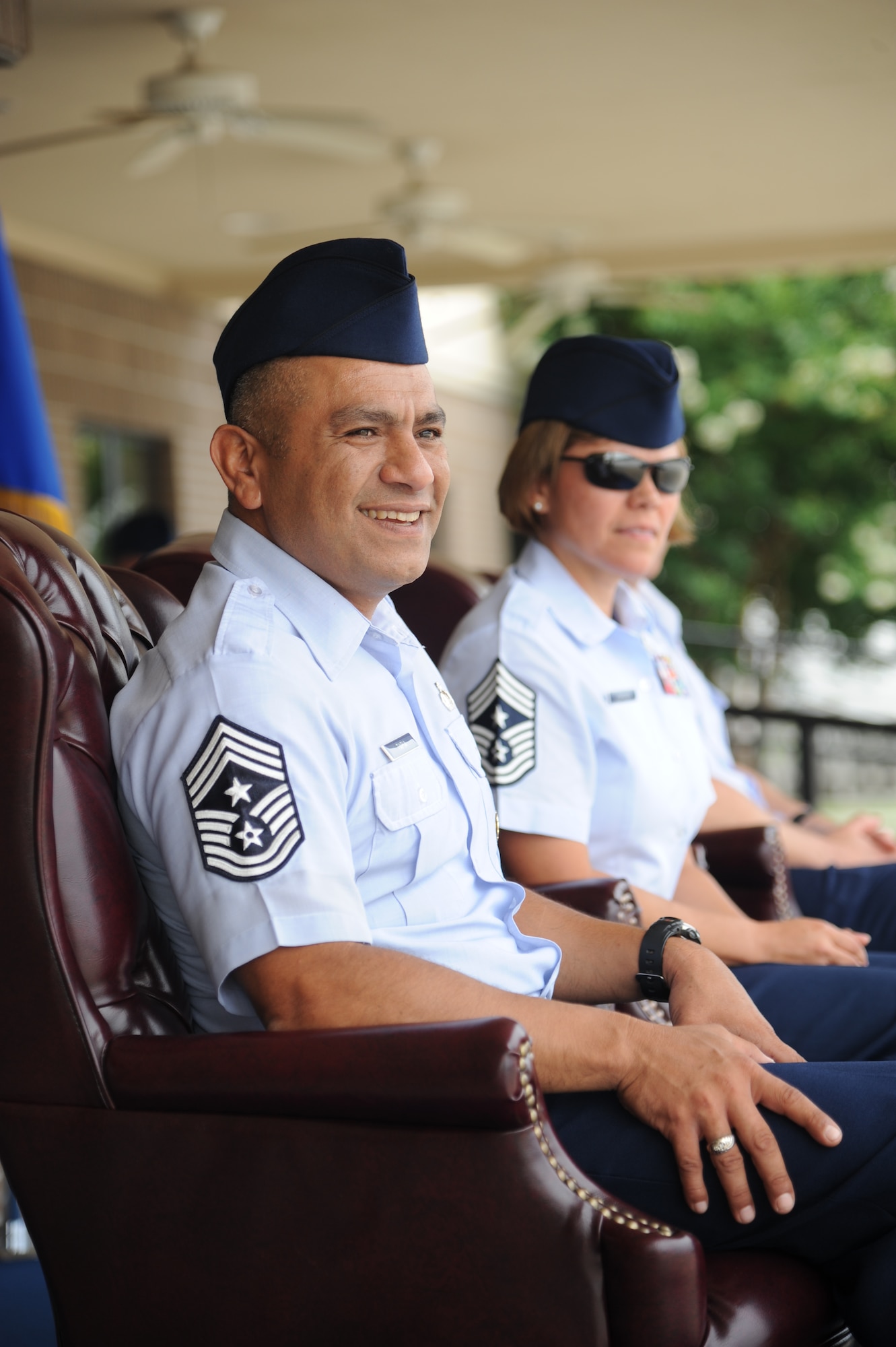Chief Master Sgt. Gerardo Tapia, Air Education and Training Command command chief, and Chief Master Sgt. Angie Johnson, 81st Training Wing command chief, watch a drill down demonstration by members of the 335th Training Squadron June 10, 2013, at the Levitow Training Support Facility, Keesler Air Force Base, Miss.  Throughout a two-day visit, Gen. Edward Rice, AETC commander, his wife and Tapia toured various facilities, spoke to various groups and held an ‘all call’ for Keesler personnel.  (U.S. Air Force photo by Kemberly Groue)