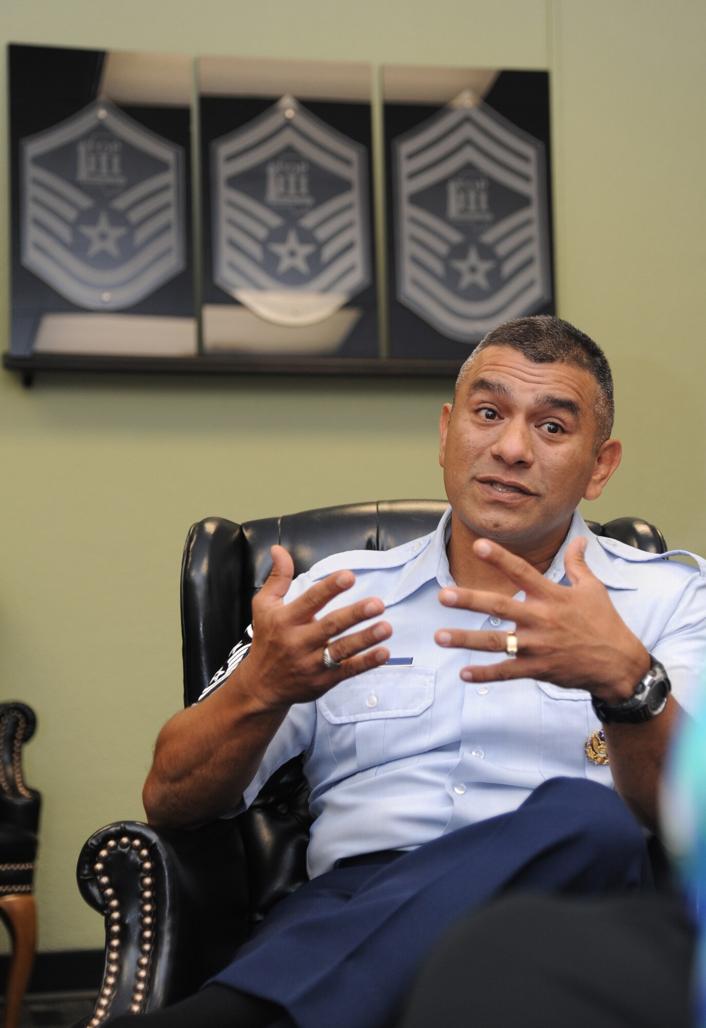 Chief Master Sgt. Gerardo Tapia, Air Education and Training Command command chief, speaks to students attending the Airman Leadership School June 10, 2013, at Keesler Air Force Base, Miss.  Throughout a two-day visit, Gen. Edward Rice, AETC commander, his wife and Tapia toured various facilities, spoke to various groups and held an ‘all call’ for Keesler personnel.  (U.S. Air Force photo by Kemberly Groue)