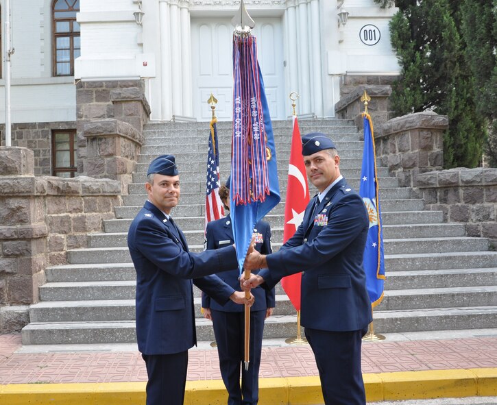 Lt. Col. Gary Goosen, right, assumes command of the 425th Air Base Squadron 
June 13, 2013, Izmir, Turkey. The 425th Air Base Squadron performs 
as administrative agent and provides mission support for the NATO Allied Land 
Command Headquarters, Izmir as well as six other associate units operating in 
Izmir. (U.S. Air Force photo by Tanju Varlikli/Released)
