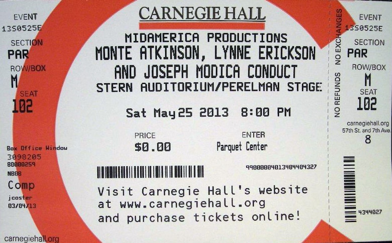 A ticket to a lifelong memory, this stub notes the three groups performing in Carnegie Hall on Memorial Day weekend – including the Sacramento Valley Choir under the direction of Lynne Erickson, a budget analyst with the U.S. Army Corps of 
Engineers Sacramento District. Joining Erickson were LaDonna Hulcy and Robin Rosenau, also with the Sacramento District.
