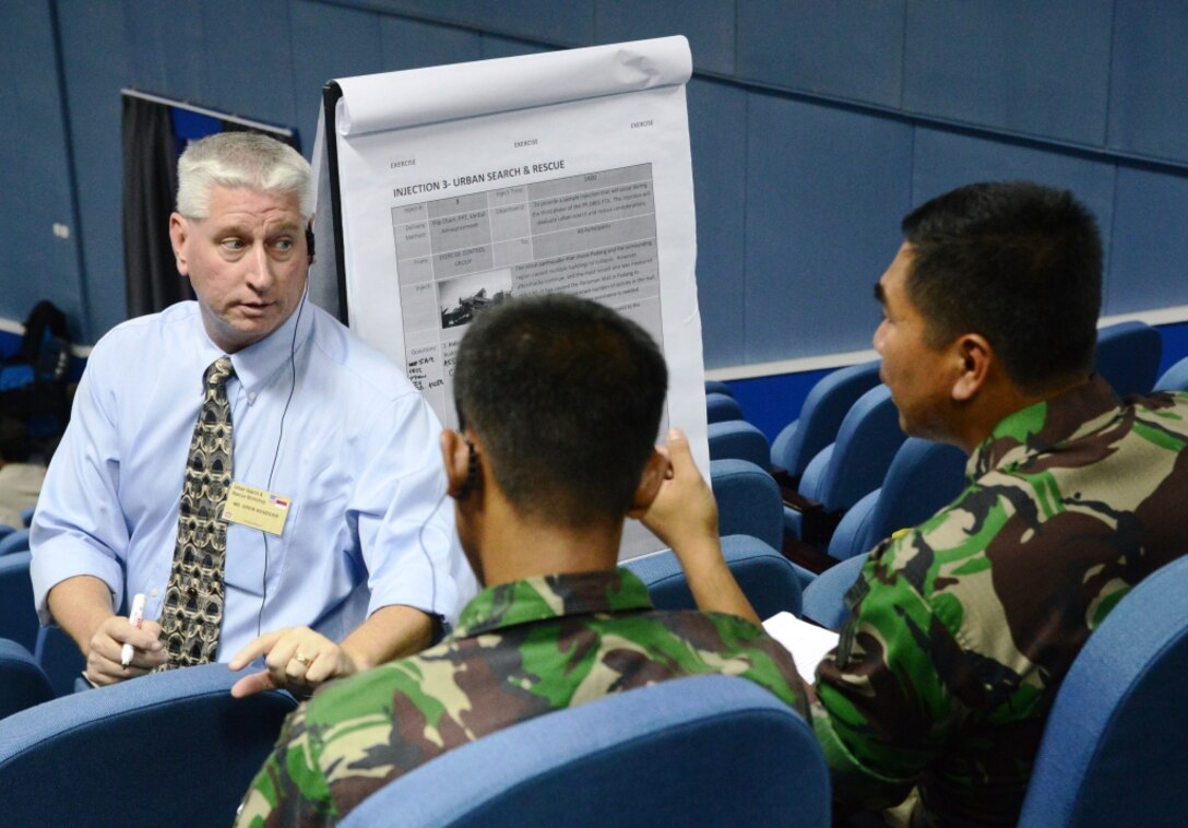 Drew Benziger, chief of Readiness and Contingency Operations at U.S. Army Corps of Engineers-Pacific Ocean Division, leads a work group discussion during the 2013 Indonesia Pacific Resilience Table-Top Exercise. The event was part of the 2013 Indonesia Pacific Resilience Disaster Response Exercise & Exchange, which was conducted in Indonesia June 3-6