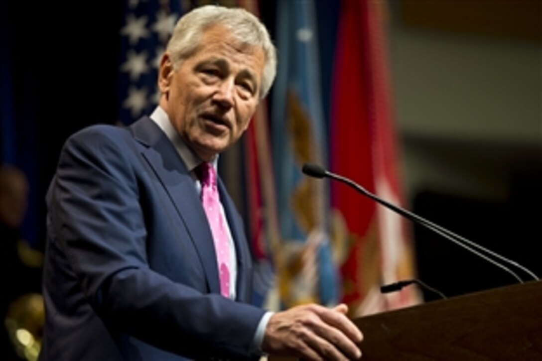 Defense Secretary Chuck Hagel speaks during the Army’s 238th birthday cake-cutting ceremony at the Pentagon, June 13, 2013. Hagel thanked the Army for its continued hard work in both war efforts and humanitarian missions. 