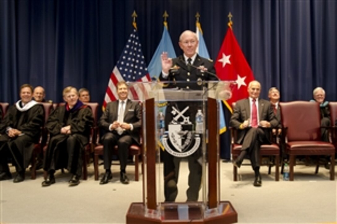 Army Gen. Martin E. Dempsey, chairman of the Joint Chiefs of Staff, addresses graduates at the National Defense University on Fort McNair, Washington, D.C., June 13, 2013. 