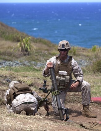 Lance Cpl. Mitchell McGee, a machine gunner with Golf Company, 2nd Battalion, 3rd Marine Regiment, and Lance Cpl. Paul Margeson, a mortarman with weapons platoon, Golf Co., 2nd Bn., 3rd Marines, conduct live-fire training for exercise Island Viper at Kaneohe Bay range training facility, June 6, 2013. (U.S. Marine Corps photo by Lance Cpl. Suzanna Lapi)