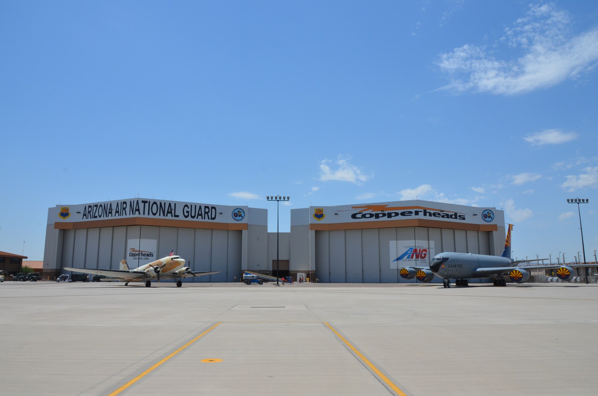 The 161st Air Refueling Wing held a dedication ceremony for “Spirit of Arizona” at Sky Harbor International Airport, June 14, 2013. Also in attendance was a Douglas C-47 Skytrain/DC-3 Dakota from the Commemorative Air Force Aviation Museum. The C-47 served in WWII as a cargo and paratrooper aircraft. (U.S. Air National Guard photo by Senior Airman Rashaunda Williams/Released)