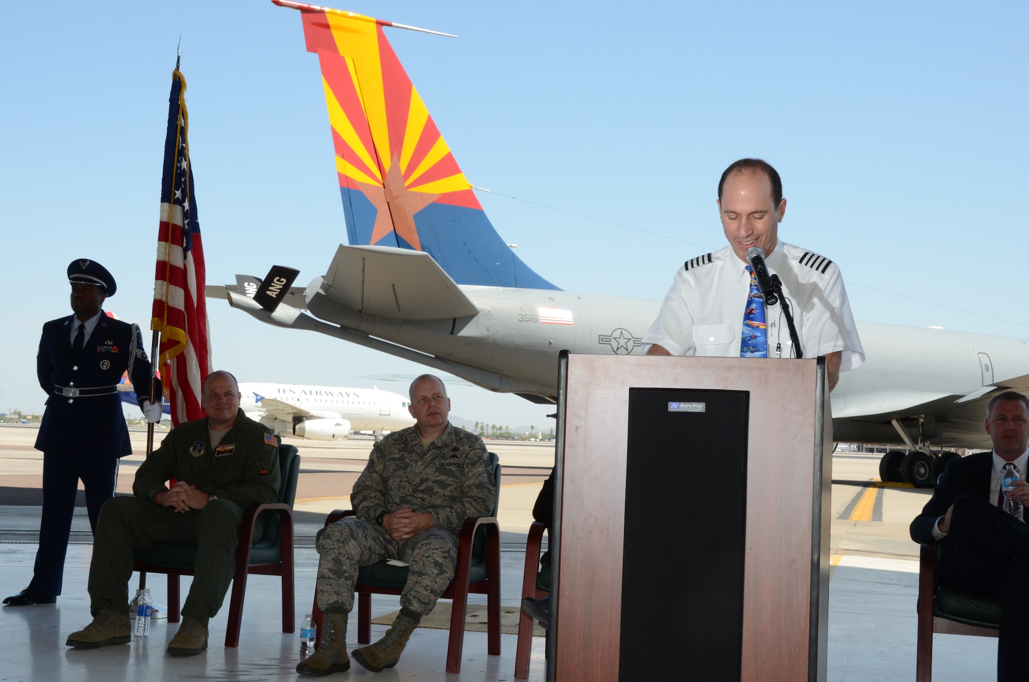 The 161st Air Refueling Wing held a dedication ceremony for “Spirit of Arizona” at Sky Harbor International Airport, June 14, 2013. Jeff Miller, Southwest Airlines Assistant Chief pilot, conveyed “…the men and women of the 161st Air Refueling Wing and Southwest Airlines have forged a mutual relationship that continues to grow stronger with each passing year.” (U.S. Air National Guard photo by Senior Airman Rashaunda Williams/Released)