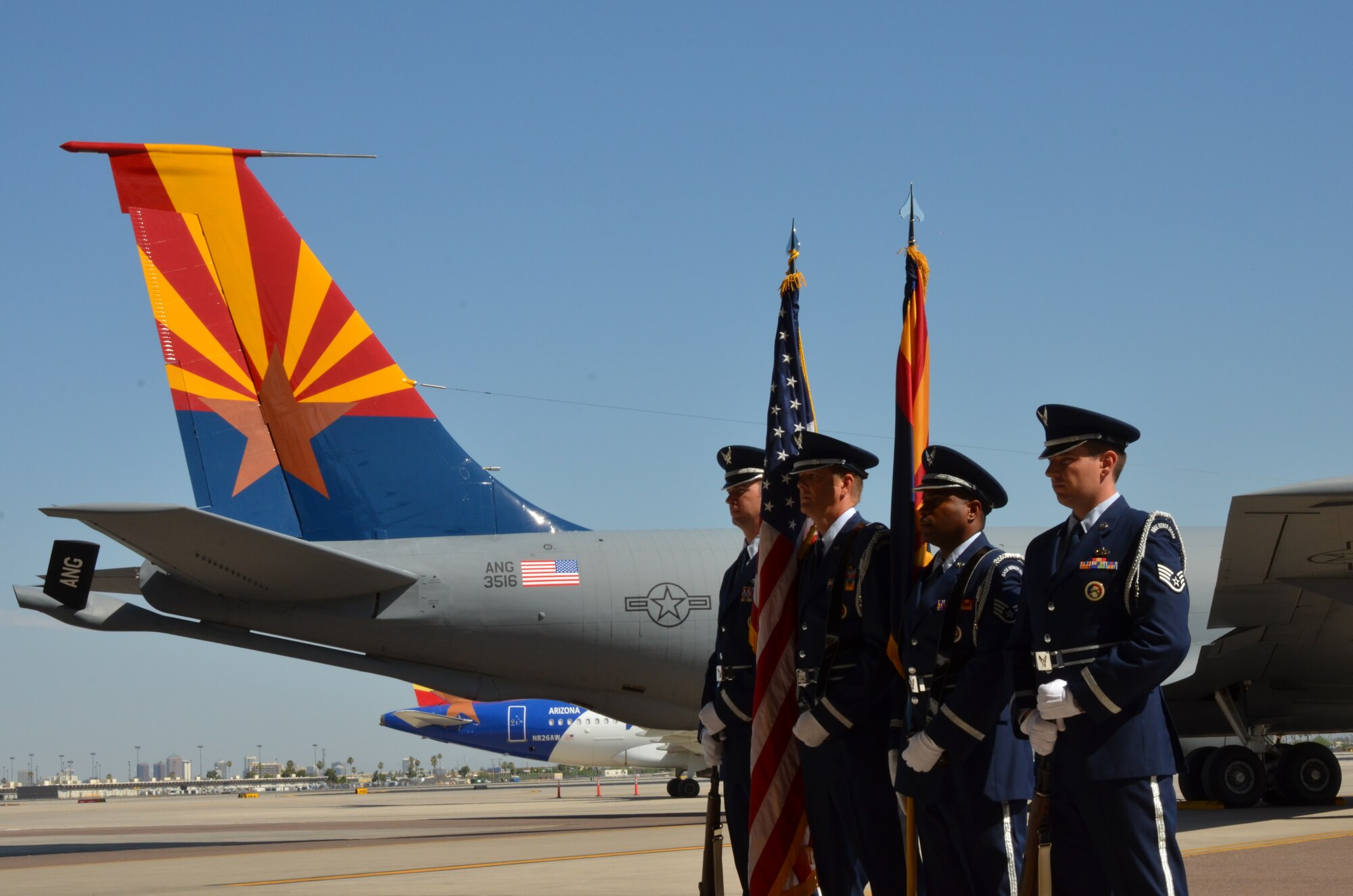 U.S. Honor Guard members Maj.Darcy Swaim, Capt. Nathan Preston, Staff Sgt. Clarence Forster and Staff Sgt. Jay Lamb post the colors at the “Spirit of Arizona” dedication ceremony held at the 161st Air Refueling Wing, Phoenix Sky Harbor International Airport June 14, 2013. (U.S. Air National Guard photo by Senior Airman Rashaunda Williams/Released)