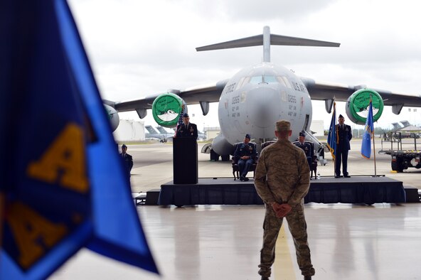 Col. Craig Gaddis, 62nd Maintenance Group commander, speaks for the first time as the new leader of the 62nd MXG, June 14, 2013 at Joint Base Lewis-McChord, Wash. Gaddis previously served as the Joint Staff Distribution Division deputy chief at the Pentagon in Washington, D.C. (U.S. Air Force photo/Staff Sgt. Jason Truskowski)