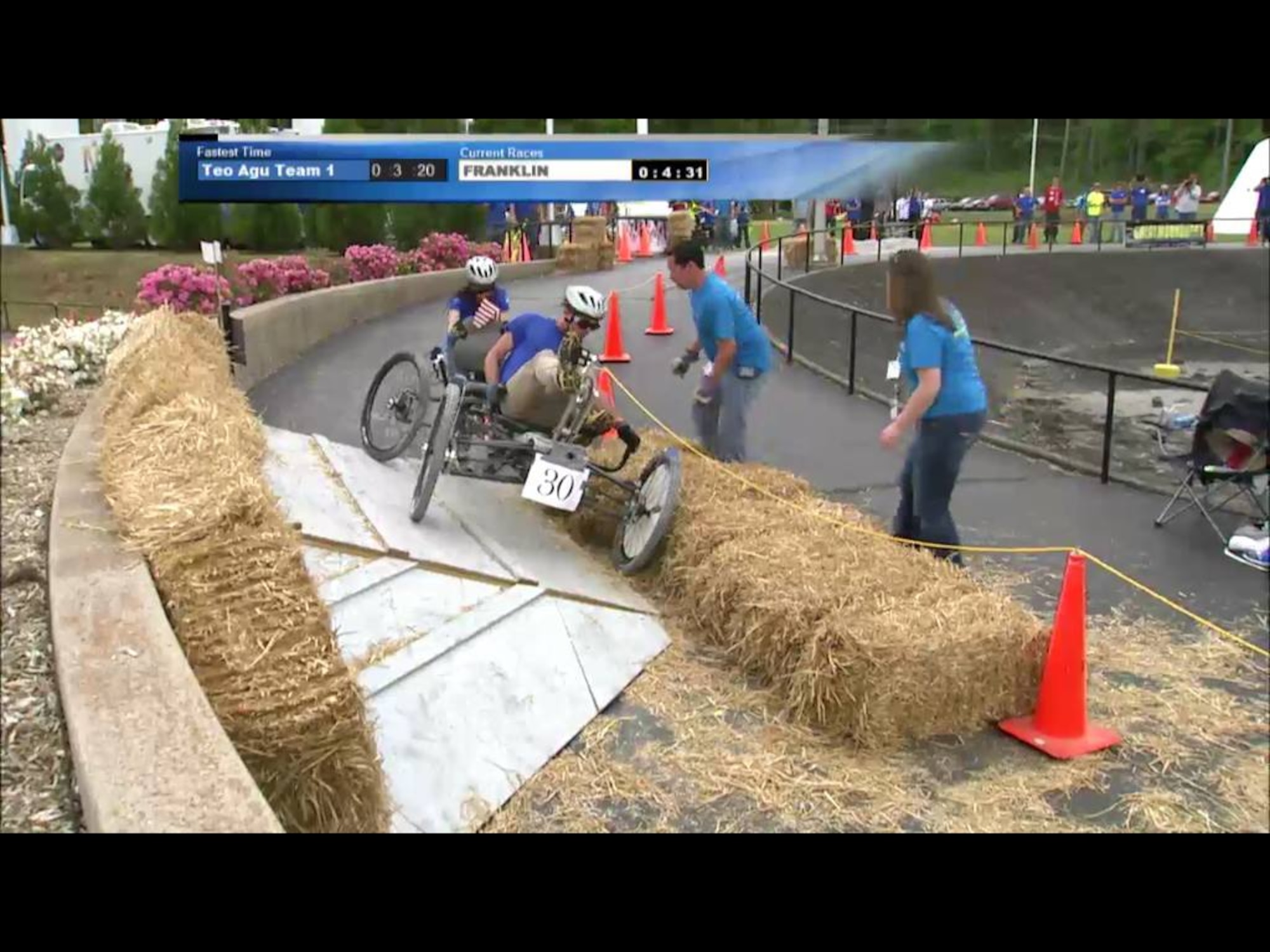The Franklin County High School Moonbuggy Team recently competed in the 20th Annual Great Moonbuggy Race® organized by NASA’s Marshall Space Flight Center in Huntsville, Ala. The two driver team, Logan Stockton (front driver) and Elizabeth Preston (back), is shown here tackling an obstacle on the course after experiencing a malfunction with the buggy’s rear pedaling mechanism. (Photo provided)