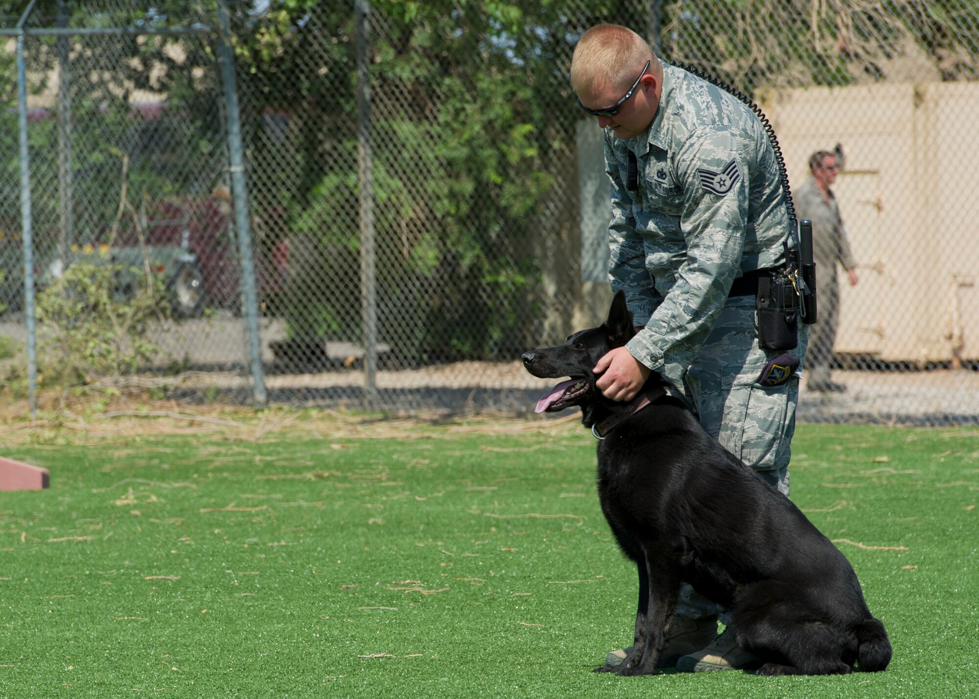 Staff Sgt. Christopher Secondi, 49th Security Forces Squadron K-9 handler, prepares Military Working Dog Vulkan, for aggression training exercises at Holloman Air Force Base, N.M., June 14. During aggression training, military working dogs practice taking down a decoy target played by another K-9 handler in preparation for the apprehension of an actual suspect. (U.S. Air Force photo by Airman 1st Class Aaron Montoya/Released)
