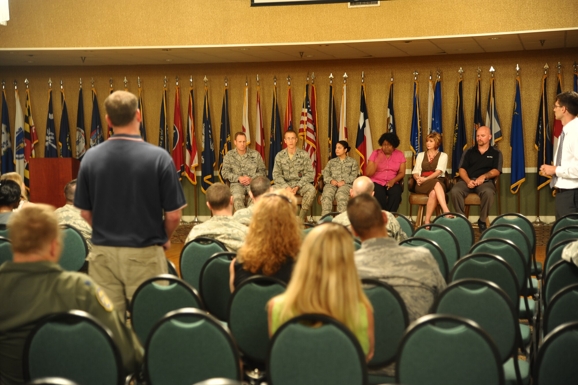 Attendees were able to ask the panel their own questions at the Townhall meeting May 30 at the Columbus Club on Columbus Air Force Base. Questions at the meeting ranged from topics concerning utility allowances to maintenance requests. (U.S. Air Force Photo/ Airman 1st Class Stephanie Englar)
