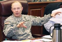 Gen. Charles Jacoby Jr., commanding general, North American Aerospace Defense Command and U.S. Northern Command, discusses cascading effects during a major disaster at the Complex Catastrophe Tabletop Exercise June 5. (U.S. Army Photo by Sgt. Lee Ezzell, U.S. Army North Public Affairs)