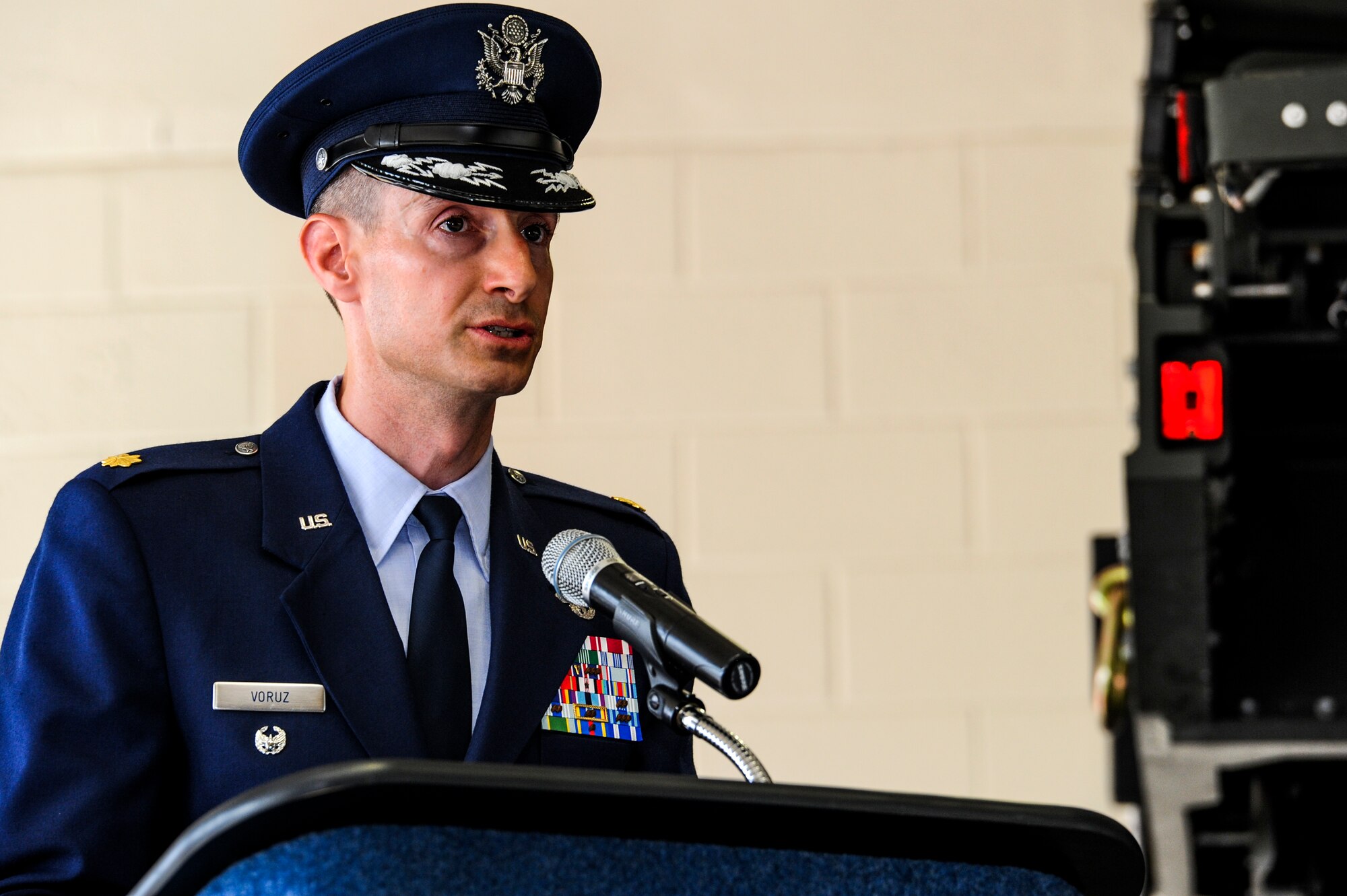 Major Timothy Voruz, 1st Special Operations Logistics Readiness Squadron commander, speaks to the crowd after taking command of his squadron at Hurlburt Field, Fla., June 13, 2013. Voruz joins Team Hurlburt after serving two years as commander of 100th Logistics Readiness Squadron, Royal Air Force Mildenhall, United Kingdom. (U.S. Air Force photo/Airman 1st Class Christopher Callaway)
