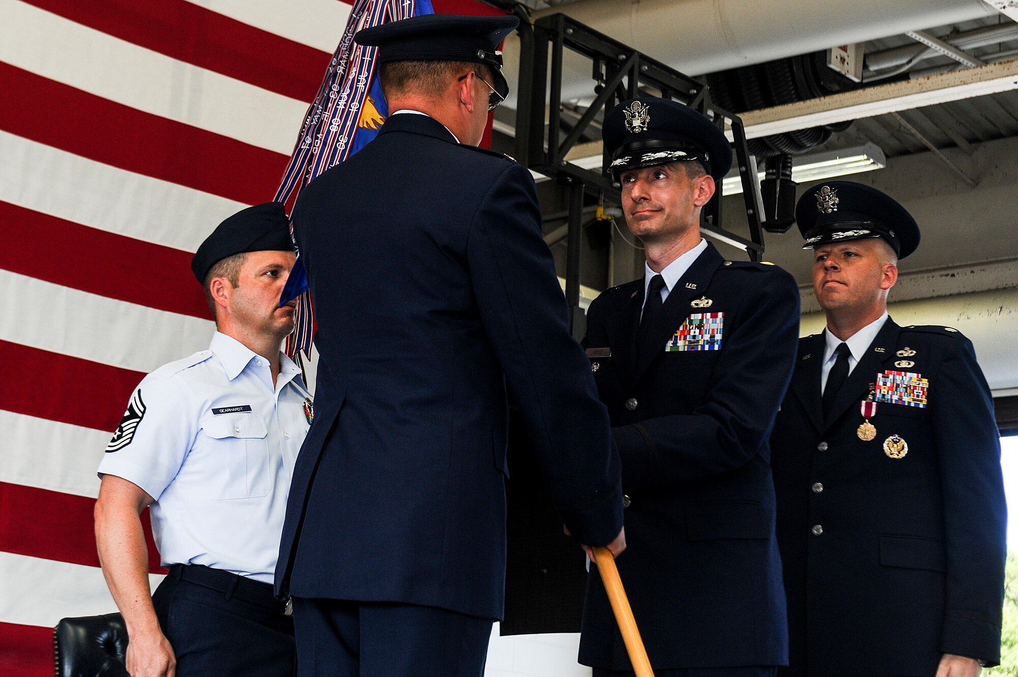Lt. Col. Kirk Peterson relinquished command of the 1st Special Operations Logistics Readiness Squadron to Maj. Timothy Voruz at Hurlburt Field, Fla., June 13, 2013. The 1st SOLRS which provides logistics support to the 1st Special Operations Wing and associate units on base. (U.S. Air Force photo/Airman 1st Class Christopher Callaway) 