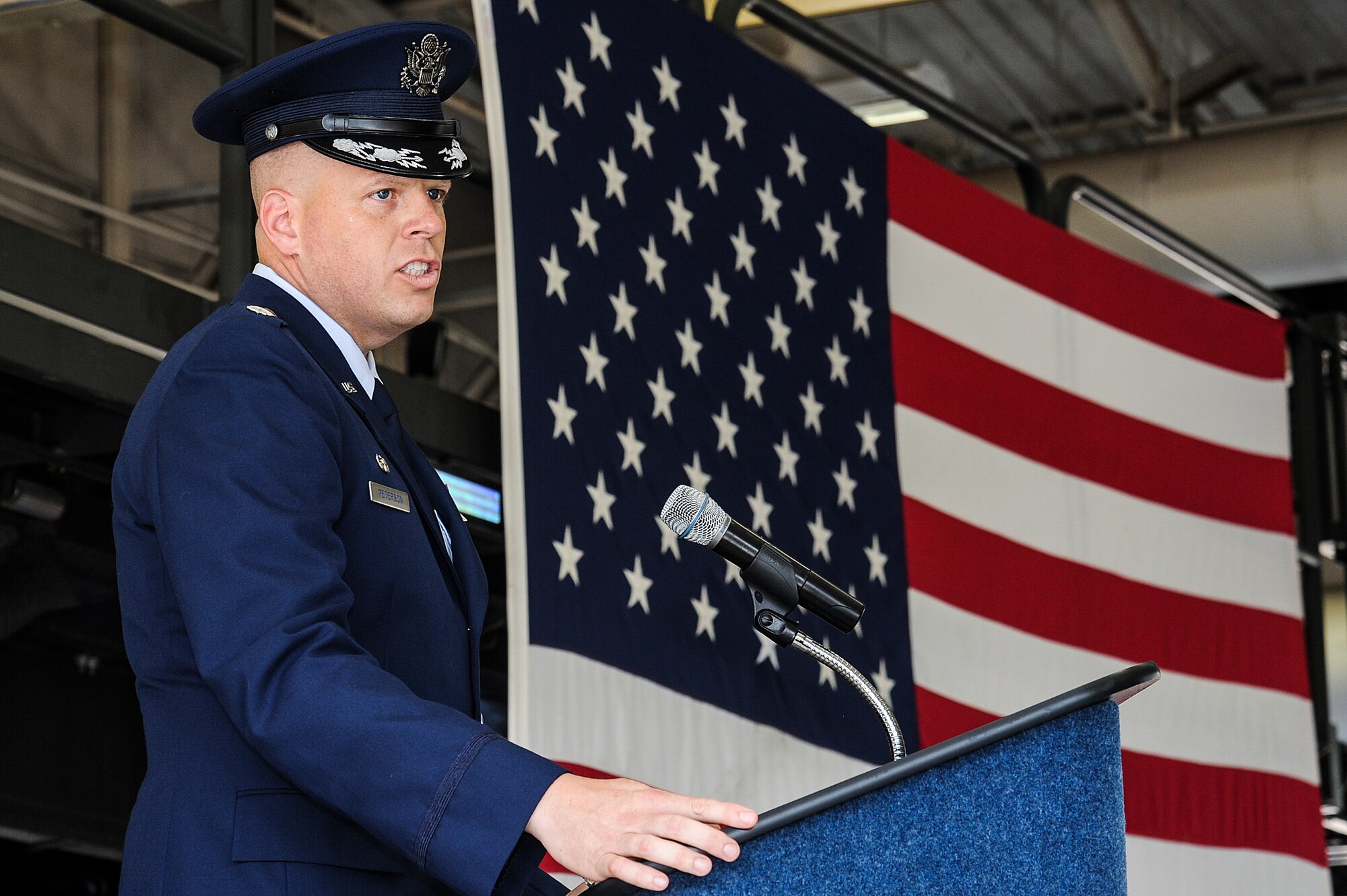 Lt. Col. Kirk Peterson, 1st Special Operations Logistics Readiness Squadron commander, gives a fair well speech during a change of command ceremony at the vehicle maintenance shop on Hurlburt Field, Fla., June 13, 2013. Peterson will be the deputy commander of the 86th Logistics Readiness Group on Ramstein Air Base, Germany. (U.S. Air Force photo/Airman 1st Class Christopher Callaway) 