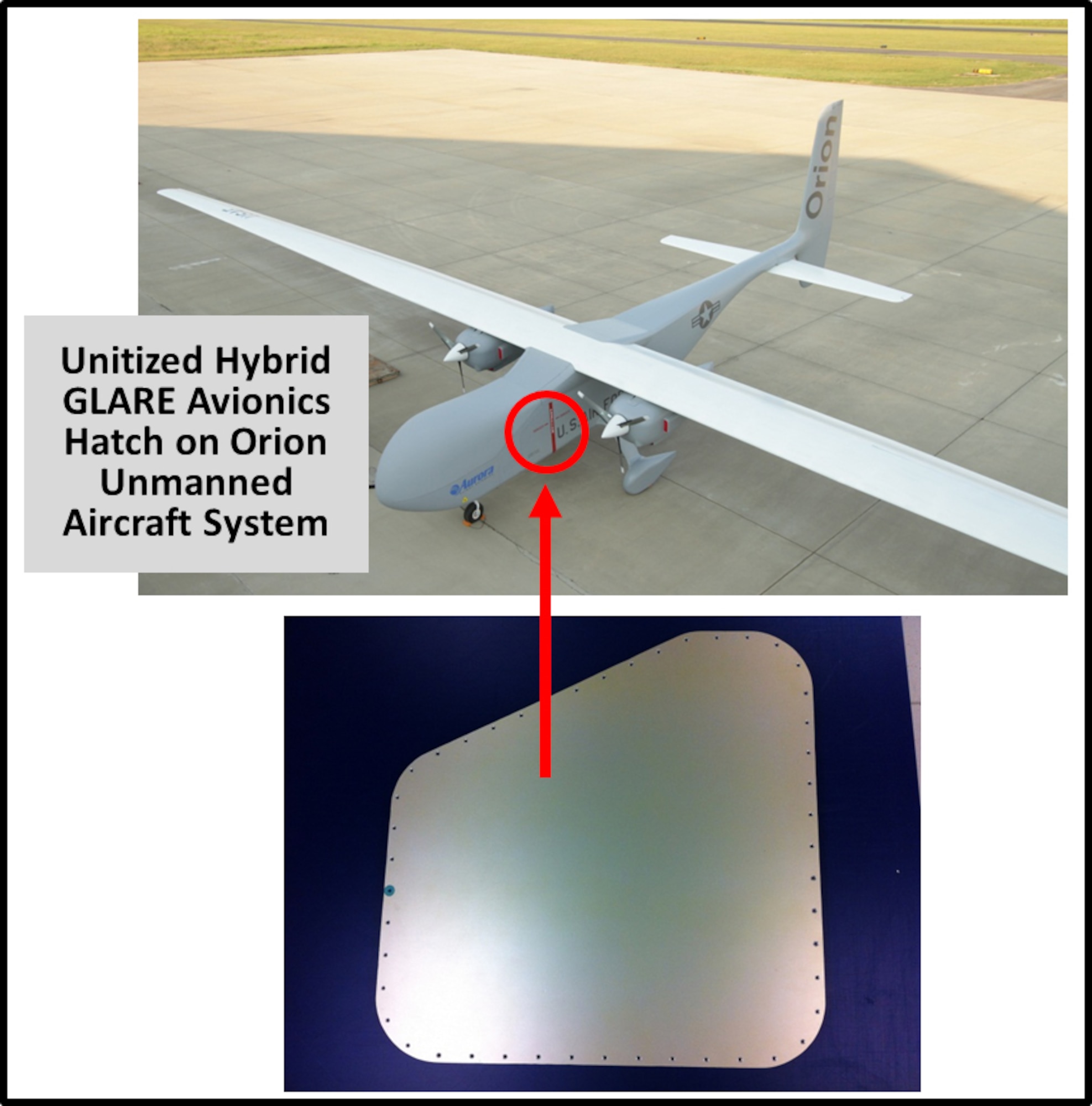 A unitized hybrid avionics hatch on the Aurora Onion Remotely Piloted Aircraft, utilizing Glass Reinforced Aluminum Laminate (GLARE), a technology with promise for other applications. (AFRL Photo)