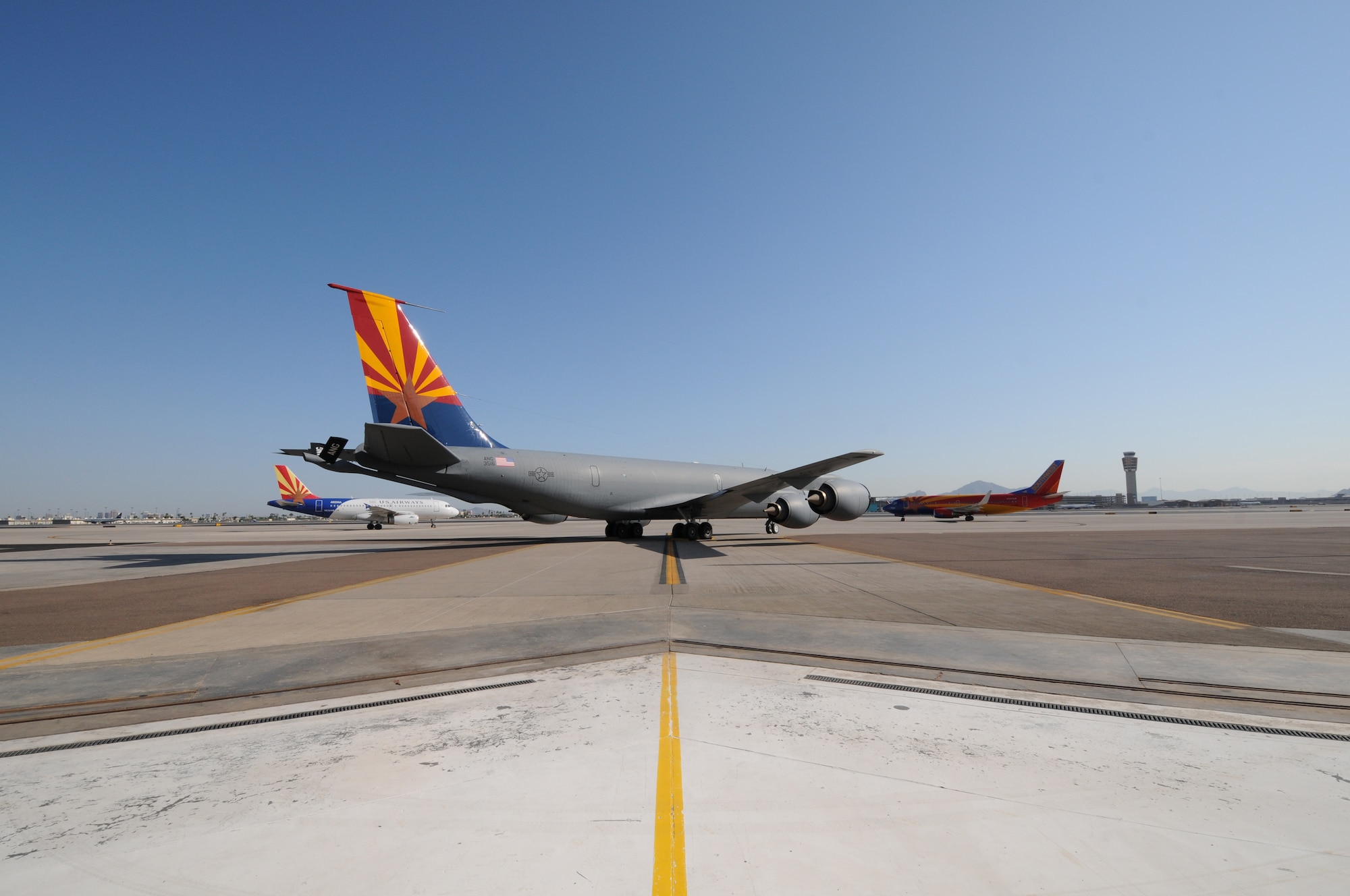 The aircraft are all in place for the 161st Air Refueling Wing “Spirit of Arizona” dedication ceremony at Sky Harbor International Airport June 14, 2013. Other aircraft brought in for the ceremony included Southwest Airlines 737 "Arizona” and US Airways A319 "Arizona”. (U. S. Air National Guard photo by MSgt Kelly M. Deitloff/Released)