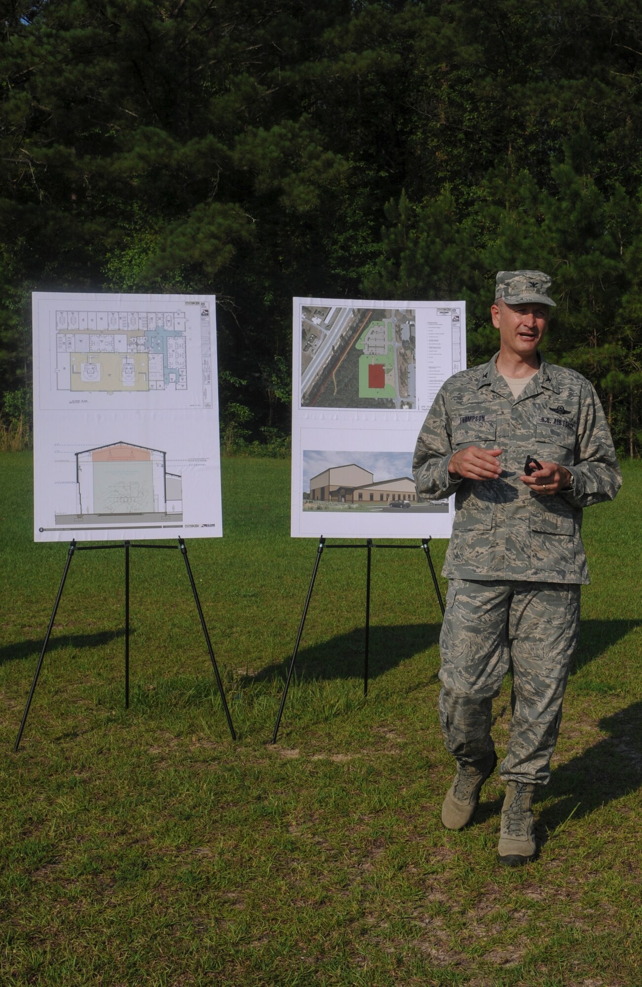 U.S. Air Force Col. Billy Thompson, 23d Wing commander, speaks about the future HC-130J Combat King II Simulator Facility at Moody Air Force Base, Ga., June 13, 2013. The  27,000 square foot facility will house the new HC-130J simulator.(U.S. Air Force photo by Airman Alexis Grotz/Released)