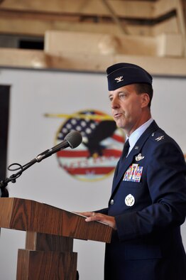 Colonel Jay Bickley, 552nd Air Control Wing commander, speaks to the men and women of the wing after taking command at a ceremony here, June 13. Col. Bickley now leads more than 5,000 men and women, providing worldwide command and control, operating the E-3 Airborne Warning and Control System and ground based Control and Reporting Centers. (U.S. Air Force photo/Maj. Jon Quinlan) 