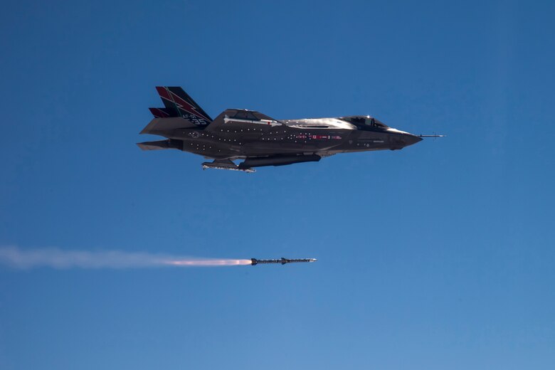 An F-35A Lightning II  joint strike fighter completed the first in-flight missile launch of an AIM-120 June 5, 2013, over the Point Mugu Sea test range in California. The JSF is a multiservice/international cooperation warplane. (Courtesy F-35 Program Office)