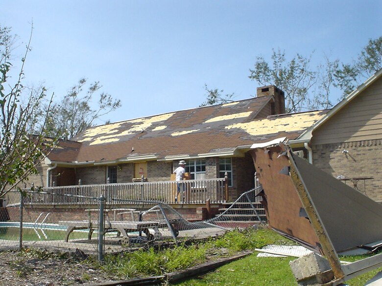 The home of Maj. Sean Cross, and his wife, Apryl, following the devastation of Hurricane Katrina, in 2005. Cross is one of the hurricane hunters of the 53rd Weather Reconnaissance Squadron based at Keesler Air Force Base, Miss. The squadron and their families are often a target for storms that hit the upper Gulf coast. (Photo courtesy Maj. Sean Cross)