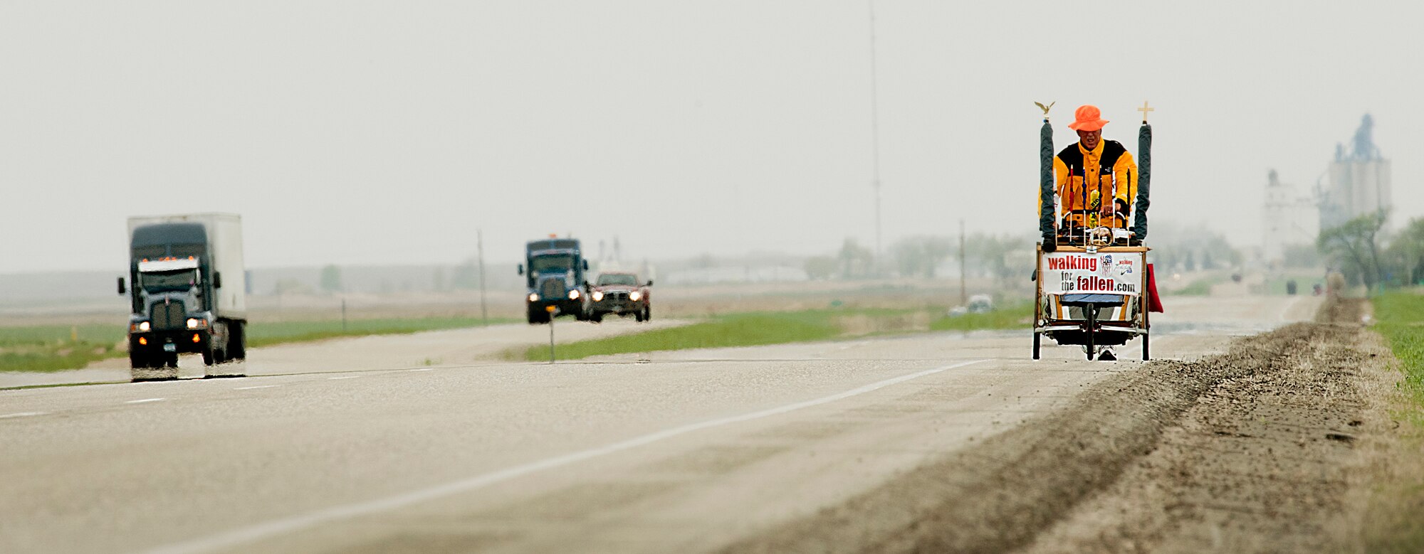MINOT AIR FORCE BASE, N.D. -- Retired United States Marine Corps Sgt. Chuck Lewis is on a six-month, 3,300 mile long journey from Everett, Wash., to the Vietnam Veterans Memorial Wall in Washington D.C., raising money for wounded veterans along the way. (U.S. Air Force photo/Tech. Sgt. Aaron Allmon)