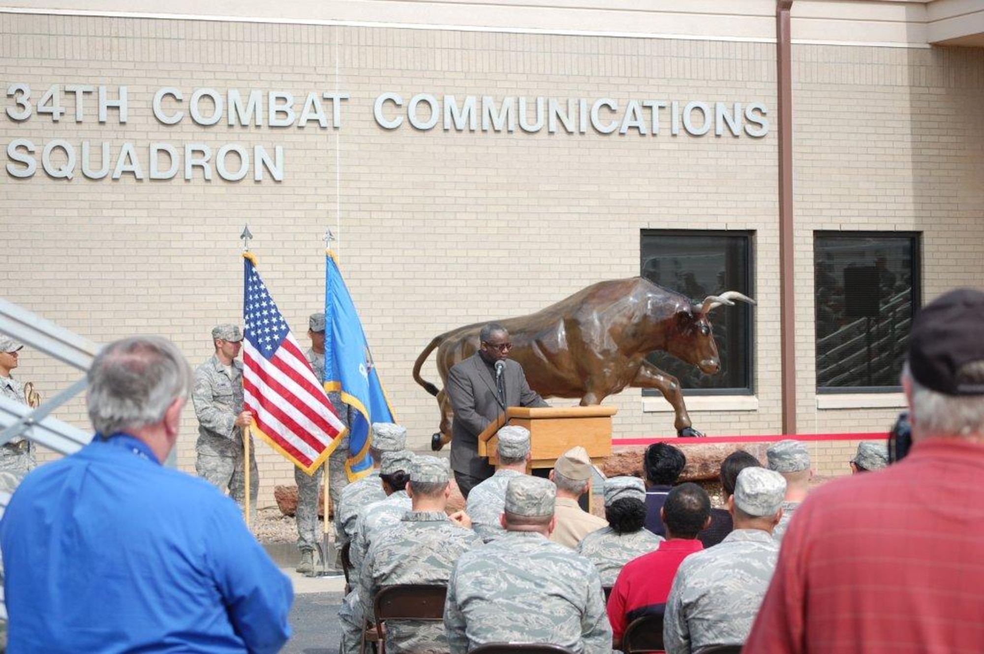 Retired Brig. Gen. Gregory Brundidge delivers a moving speech during the 3rd Combat Communications Group park dedication ceremony May 31. While commander of the 3rd CCG from July 2001 to May 2003, General Brundidge directed and oversaw the deployments for Operations Enduring Freedom and Iraqi Freedom. The park, which is in the 3rd Herd compound, will stand as a testament to the half century of group’s heritage. (Courtesy photo)
