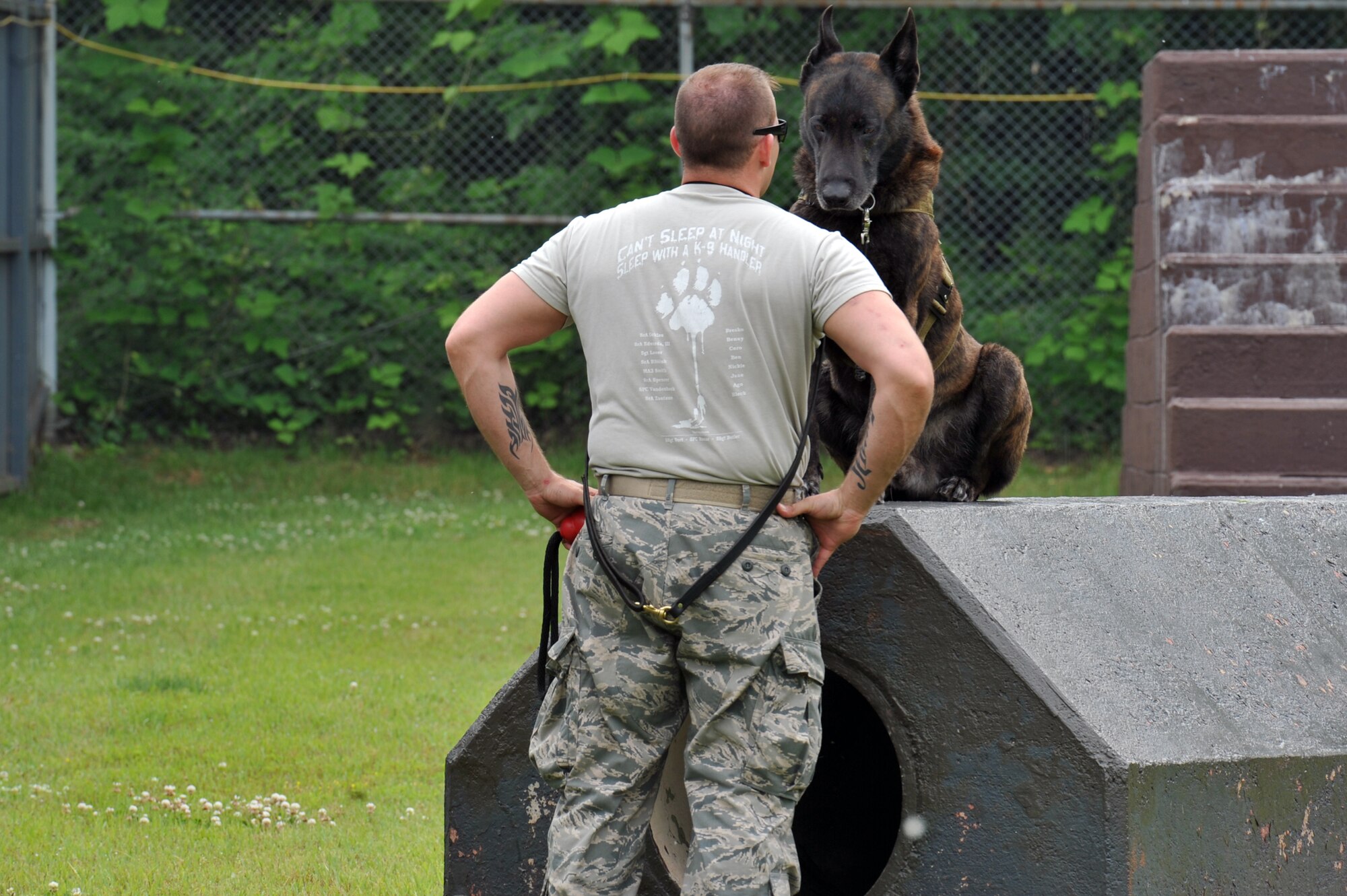 Staff Sgt. Matthew Zantene, 51st Security Forces Squadron military working dog handler, works with his MWD, Robbie, on basic obedience at Osan Air Base, Republic of Korea, June 13, 2013. The dogs are rewarded with physical and verbal praise when they do what is asked of them. (U.S. Air Force photo/Senior Airman Alexis Siekert)