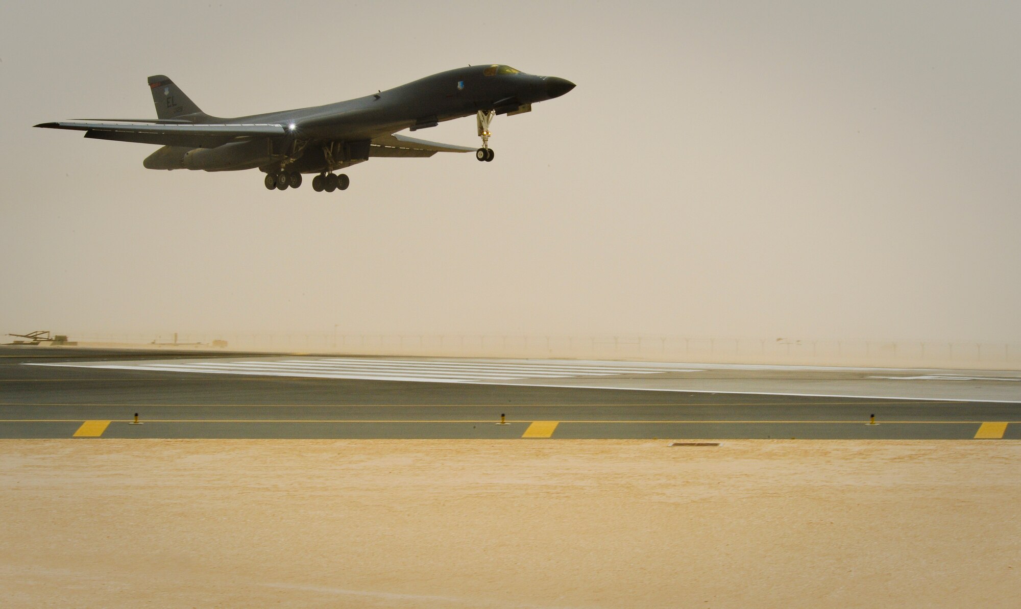 A B-1B Lancer assigned to the 34th Expeditionary Bomb Squadron returns from a mission, June 11, 2013, at the 379th Air Expeditionary Wing in Southwest Asia. (U.S. Air Force photo/Senior Airman Benjamin Stratton)