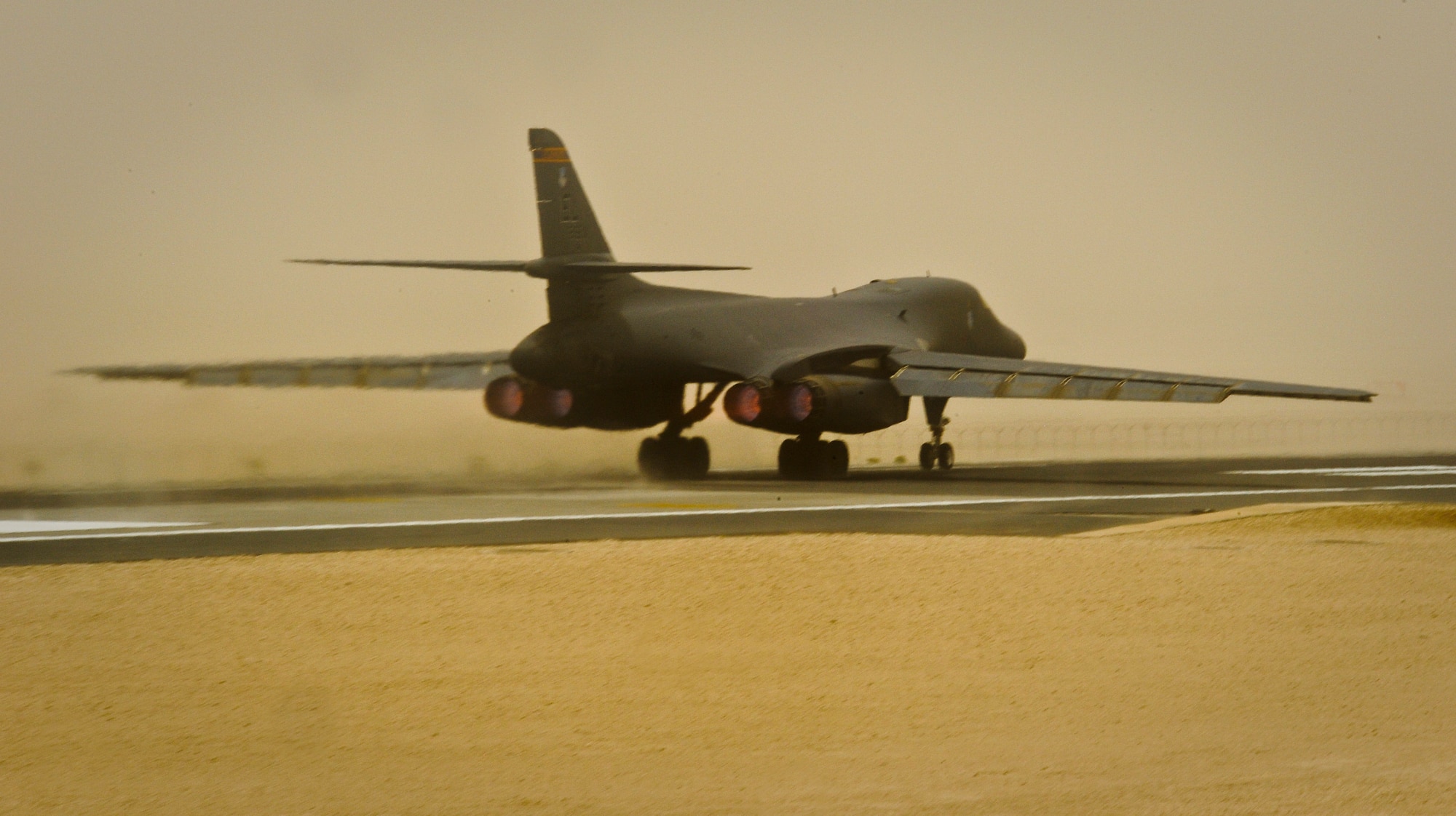 A B-1B Lancer assigned to the 34th Expeditionary Bomb Squadron takes off, June 11, 2013, at the 379th Air Expeditionary Wing in Southwest Asia. (U.S. Air Force photo/Senior Airman Benjamin Stratton)