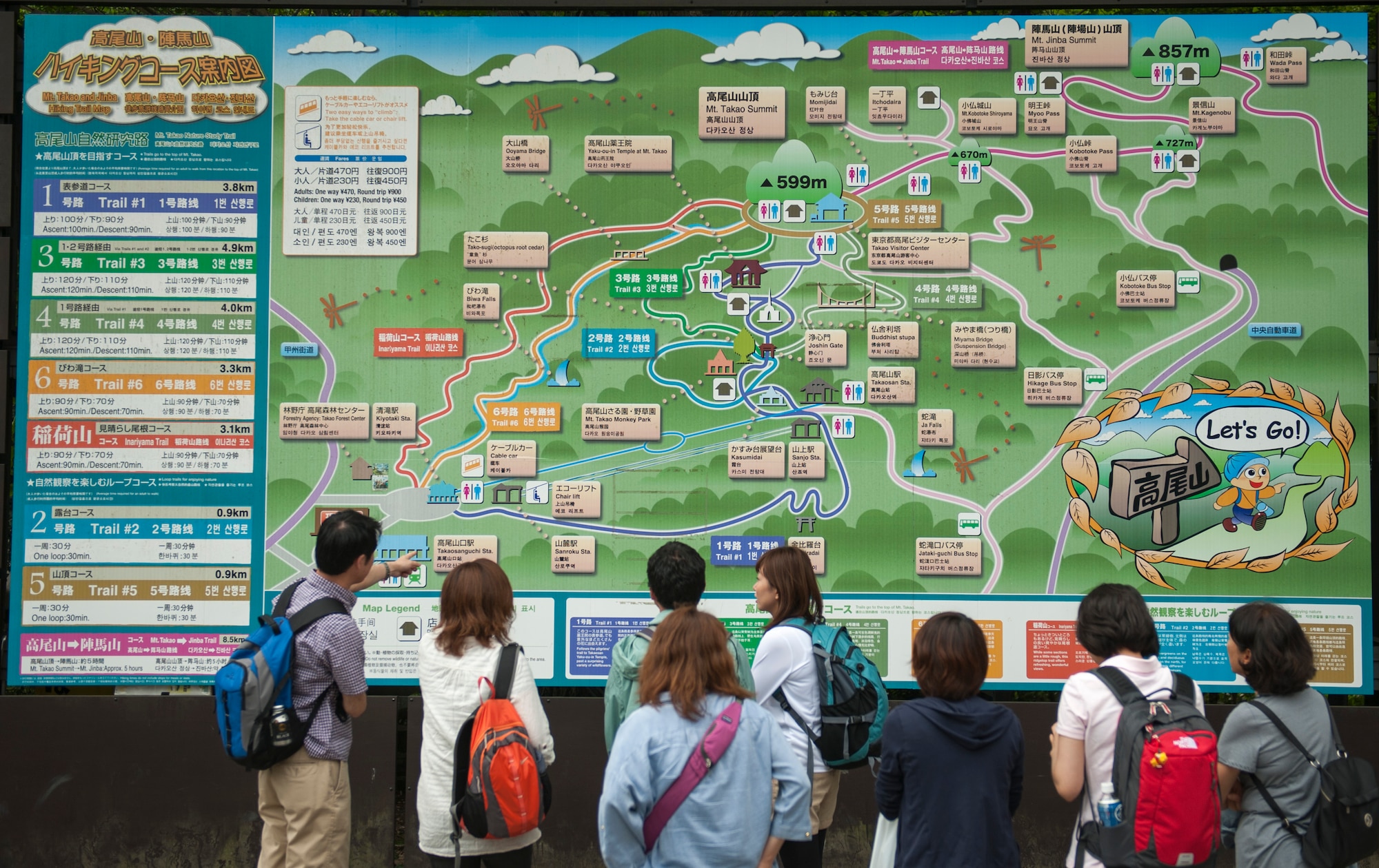 MOUNT TAKAO, Japan -- Hikers study a map outside of the Takao train station June 10, 2013. The map displays information such as trail number, distance of each trail and the time it takes to hike it. (U.S. Air Force photo by Senior Airman Michael Washburn/released)