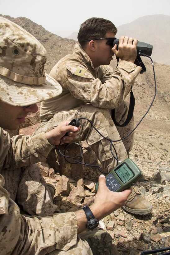 U.S. Marines assigned to Lima Company, Battalion Landing Team 3/2, 26th Marine Expeditionary Unit (MEU), gauge distances of targets while training in Al Quweira, Jordan, during Exercise Eager Lion 13, June 9, 2013. Exercise Eager Lion 2013 is an annual, multinational exercise designed to strengthen military-to-military relationships and enhance security and stability in the region by responding to realistic, modern-day security scenarios. The 26th MEU is a Marine Air-Ground Task Force forward-deployed to the U.S. 5th Fleet area of responsibility aboard the Kearsarge Amphibious Ready Group serving as a sea-based, expeditionary crisis response force capable of conducting amphibious operations across the full range of military operations. (U.S. Marine Corps photograph by Lance Cpl. Juanenrique Owings, 26th MEU Combat Camera/ Released)