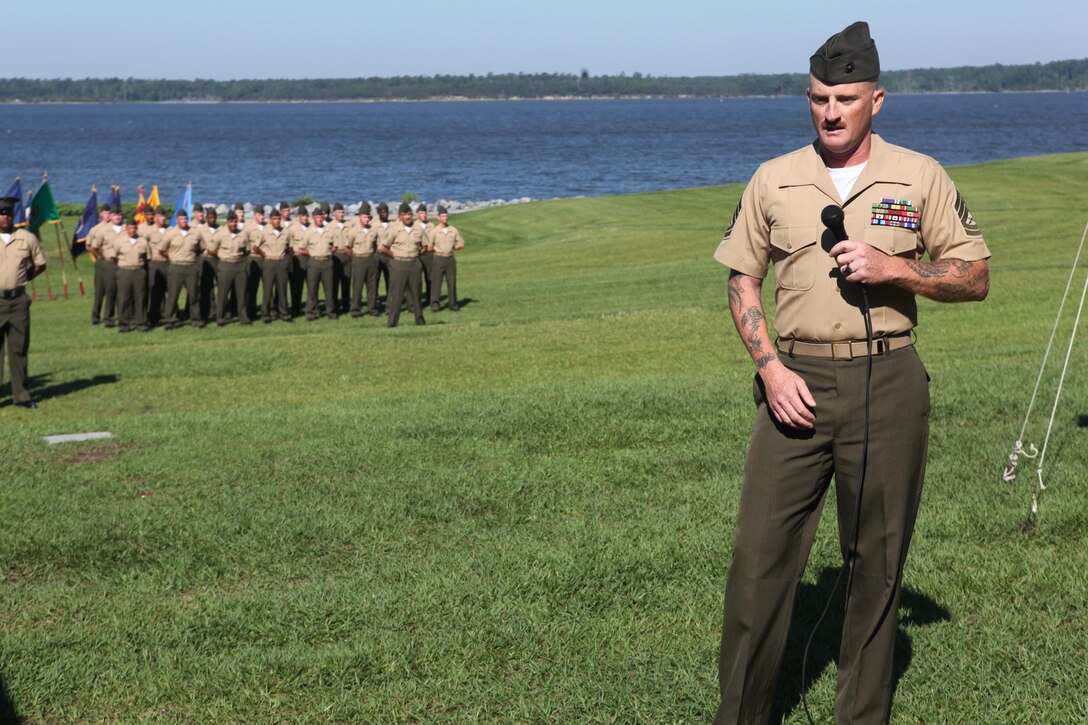 Gunnery Sgt. Ryan P. Clements gives a speech to his family, friends and fellow service members during his retirement ceremony aboard Camp Lejeune, N.C., June 14, 2013. Gunnery Sgt. Clements retired after 20 years of service to the Marine Corps.