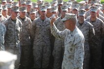 Sgt. Maj. George W. Young Jr., the sergeant major for 2nd Marine Logistics Group speaks to Marines from 8th Engineer Support Battalion, 2nd MLG during an award ceremony for Bulk Fuel Company, 8th ESB, 2nd MLG aboard Camp Lejeune, N.C., June 13, 2013.  Bulk Fuel Company won the runner-up for American Petroleum Institute Award for excellence in fuel management award for two consecutive years.