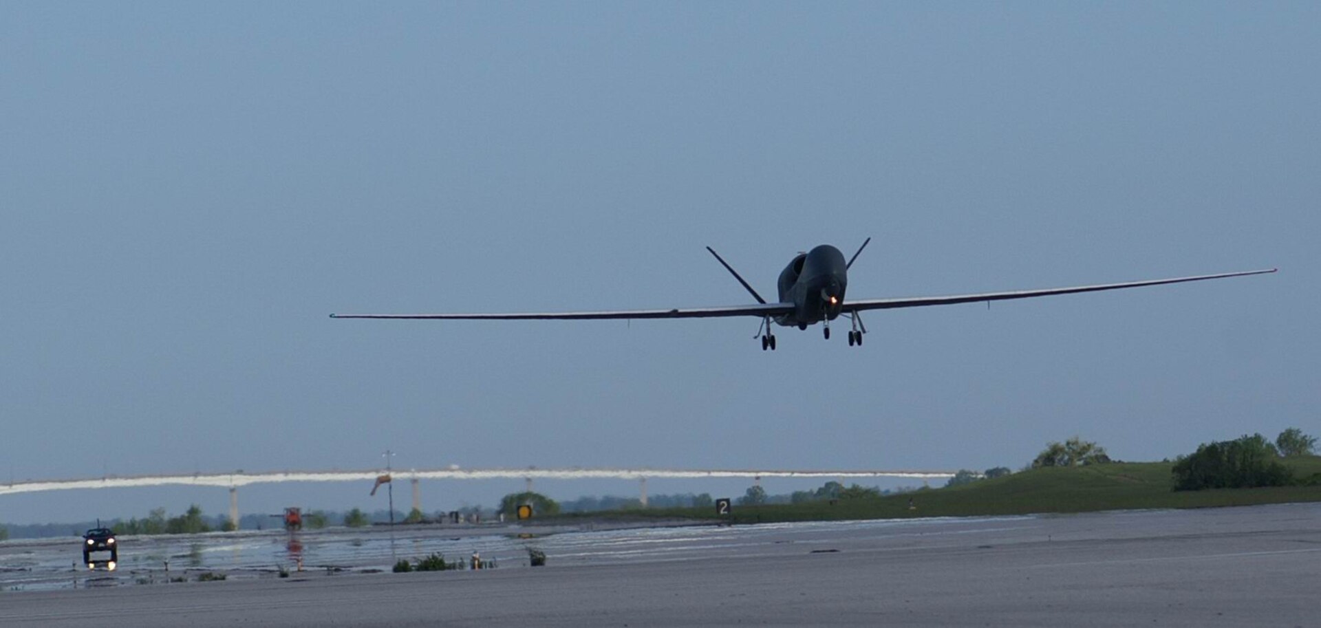 The Navy's Global Hawk Maritime Demonstrator takes off from Naval Air Station Patuxent River, Md., Sept. 13, 2008, for a 24-hour flight in support of a wide area damage assessment mission following Hurricane Ike's landfall. The unmanned vehicle flew over the area, providing imagery of the destruction caused by the hurricane in support of federal, state and local responders to post-landfall recovery operations. U.S. Northern Command continues to support federal, state and local Hurricane Ike response efforts in Texas.