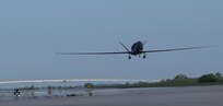 The Navy's Global Hawk Maritime Demonstrator takes off from Naval Air Station Patuxent River, Md., Sept. 13, 2008, for a 24-hour flight in support of a wide area damage assessment mission following Hurricane Ike's landfall. The unmanned vehicle flew over the area, providing imagery of the destruction caused by the hurricane in support of federal, state and local responders to post-landfall recovery operations. U.S. Northern Command continues to support federal, state and local Hurricane Ike response efforts in Texas.